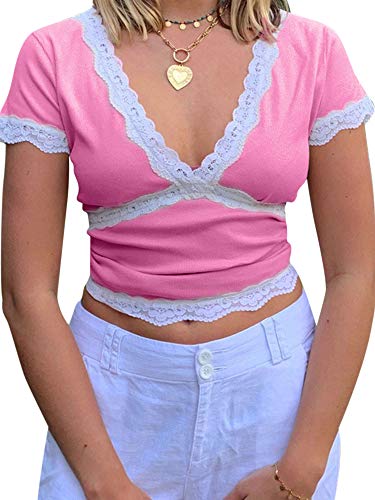 Mujeres Cuello en V Manga Corta Verano Patchwork Patchwork Tank Top Sexy Slim Cami Y2K Top Moda Streetwear (Rose Red, XL)