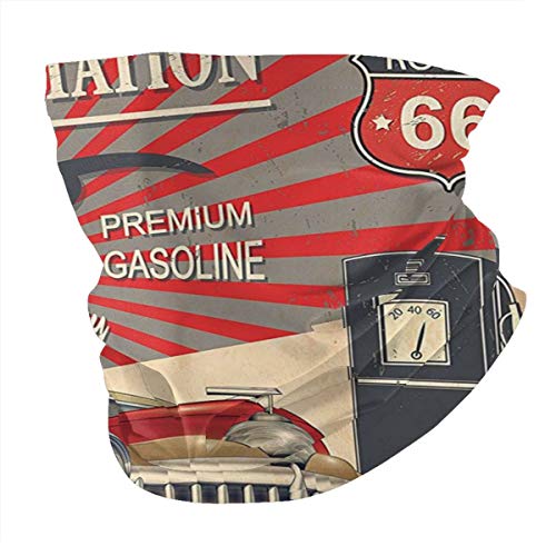 Q&SZ Sweatshirt Outdoor Headband Cars Decor Poster Style Gasoline Station Commercial with Kitschy Elements Route 66 Theme Graphic Vermilion and Beige Scarf Neck Gaiter Face Bandana Scarf Head Scarf