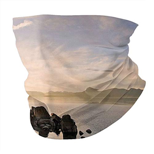 Q&SZ Sweatshirt Outdoor Headband Lake House Decor Lake Tahoe At Sunset with Clear Sky and Single Pine Tree Rest Peaceful Weekend Photo Blue Grey Scarf Neck Gaiter Face Bandana Scarf Head Scarf