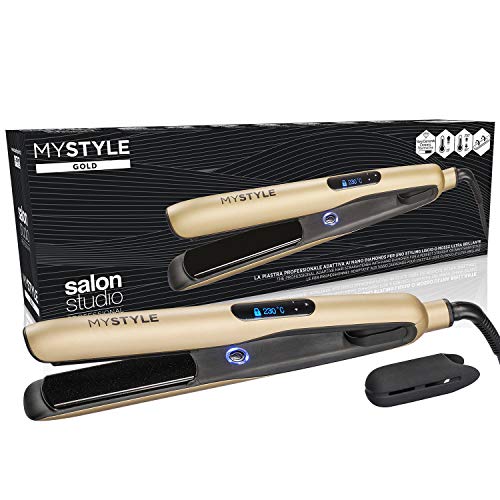 Salon Studio Professional - My Style Gold Plancha de Pelo - Tecnología de Nanodiamantes - Control de Temperature de 80-230°C y Calentamiento Rápido - Color Dorado