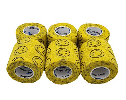 SMILEY AMARILLO Vendaje cohesivo Estirada 6 Rollos x 5cm x 4.5m Vendajes autoadhesivos flexibles, calidad profesional, vendajes de envoltura deportiva de primeros auxilios - Paquete de 6