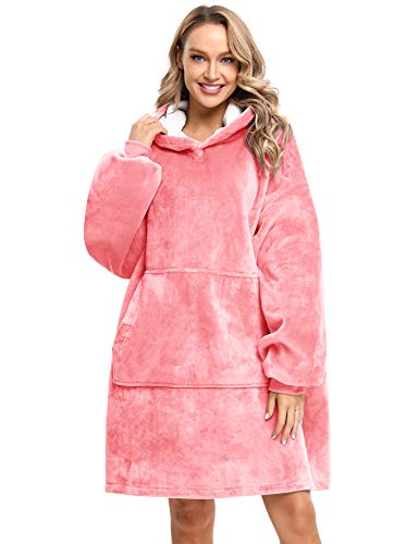 Sykooria Manta Sudadera Gigante con Capucha Pullover de Franela Calentita Manta de TV de Doble Capa Súper Suave y Cálida para Mujeres Hombres Adolescentes (Rosado-2, L)