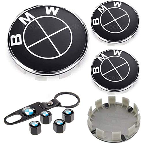 Toolacc - 4 tapacubos para BMW (68 mm, incluye 4 tapas para válvulas de neumático, incluye llavero, para BMW (negro)