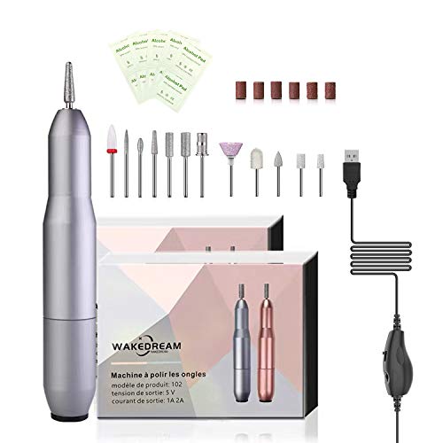 WakeDream Torno para Uñas, Lima de Uñas Profesionales con Set de 12 Tipos de Brocas de Pulido Pedicura, Lima Electrica Uñas de Vlocidad Ajustable para Manicura Pedicura (plateado)