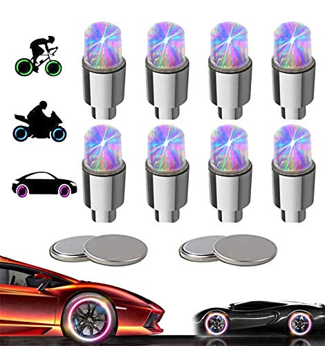 Yinch 8 tapones de válvula LED para bicicleta, iluminación de radios de bicicleta, accesorios para coche, moto o camión, con 10 pilas adicionales (multicolor)