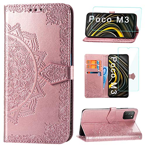 Yohii Funda Xiaomi Poco M3 + Cristal Templado, Libro Caso Piel PU Soporte Plegable Ranuras Cartera con Tapa Tarjetas Magnético Cuero Flip Carcasas, Case para Xiaomi Poco M3 - Oro Rosa