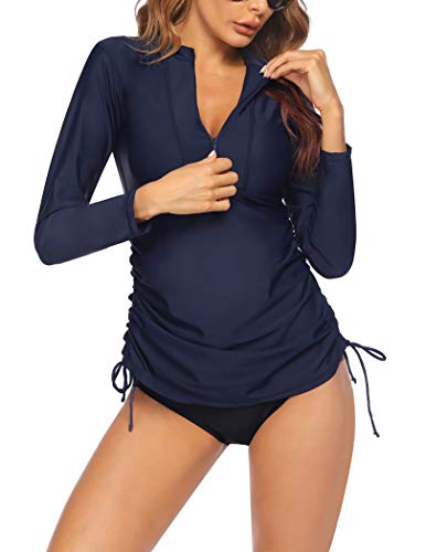 Balancora Traje de baño Rash Guard para mujer, protección UV, cremallera, manga larga, ajustado, con cordón, tallas S-XXL azul marino S