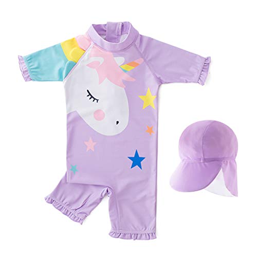 Bañador para Niñas Trajes de Baño Unicornio Traje de Buceo una pieza Protección solar UV Ropa de Natación y Gorra de Natación