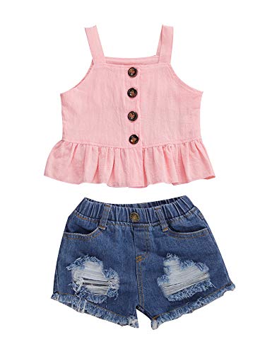 Bebé Niña 2 Piezas Conjunto de Ropa Verano Traje de Camisola y Pantalones Cortos Top Camiseta Corta de Tirantes con Volantes + Vaquero Corto Shorts de Denim para Casual Fiesta Viaje (Rosa, 3-4 Años)