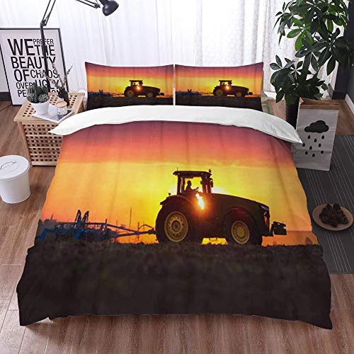 Bedding Juego de Funda de Edredón -Agricultor en tractor preparando la tierra con cultivador de semillero Sunset Shot Farm Agri/Microfibra Funda de Nórdico (Cama 200 x 200 cm + Almohada 50X80 cm)