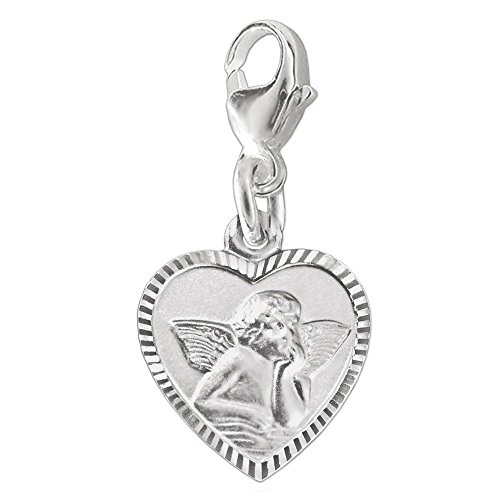 CLEVER SCHMUCK Colgante plateado para mujer o niño, colgante de corazón de 11 mm con ángel mate borde estrecho diamantado brillante – parte trasera de Dios te protege. Plata de ley 925