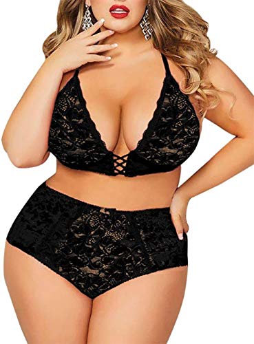 Corsés para mujer Conjuntos de lencería para mujer Conjunto de lencería de talla grande para mujer Sexy de terciopelo triturado de malla con cordones Halter Bralette y braguita de cintura alta-4X-L