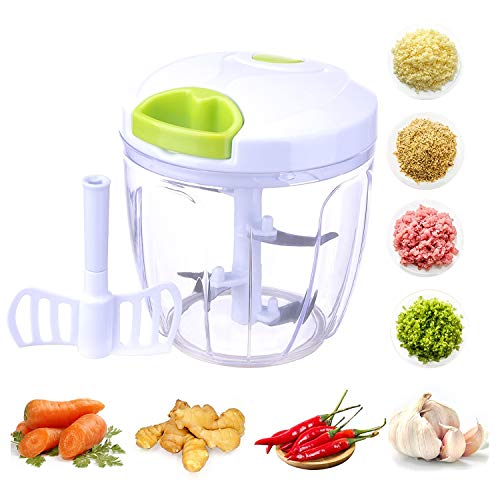 Cortador de Verduras, 1000ml Picadora Manual de Alimentos, Picadora Manual con Cuerda con 5 Cuchillas de Acero Inoxidable, Trituradora de Alimentos para Verduras, Carne, Cebolla, ajo, Ensalada