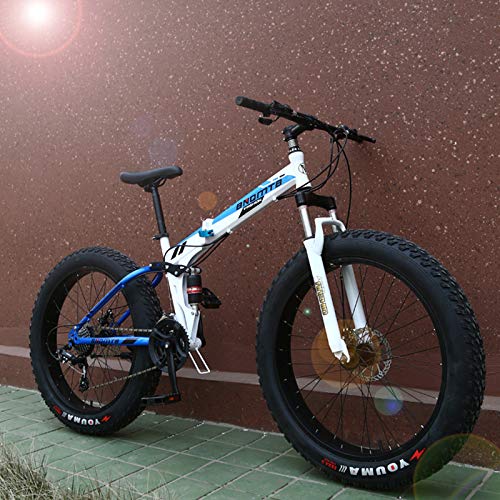 DRAKE18 Bicicleta de Grasa Plegable, 21 Speed Bicicleta de montaña Nevada, Absorción de Choque Doble, Freno de Disco Doble, Bicicleta Todoterreno con neumáticos Gruesos para Adultos,Azul,24IN