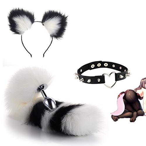 Faux Fox Tail B-ü ~ t`t Pl-ù`g T-ö-ys Diadema de Orejas de Gato de Felpa, Collar de Gargantilla de Cuero de PU Negro para Accesorios de Fiesta de Cosplay 3PCS - S