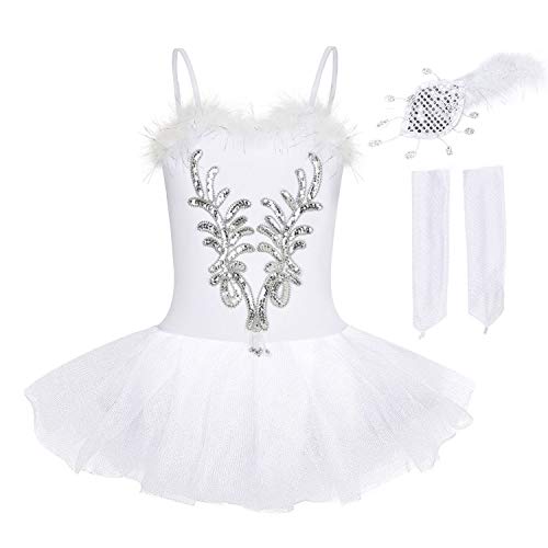 FONLAM Vestido Maillot de Ballet Tutú Niña, Blanco, 9-10 aÃ±os