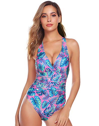 Hawiton Traje de Baño Una Pieza para Mujer Cuello en V Profundo Cruz de Vuelta Ropa de Baño Playa Monokini