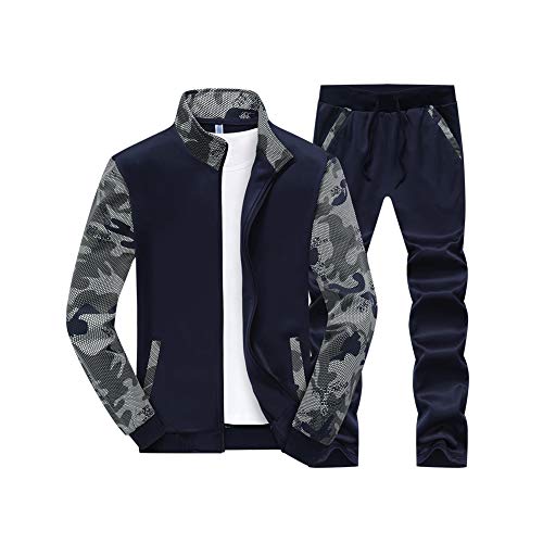 Hombre Chándal Completo de Primavera Otoño 2 Piezas Conjuntos Deportivos Cremallera Manga Larga Sudaderas y Cordón Pantalones de Gimnasio Camuflaje Chaquetas+Pantalones Traje de Deportiva Azul 4XL