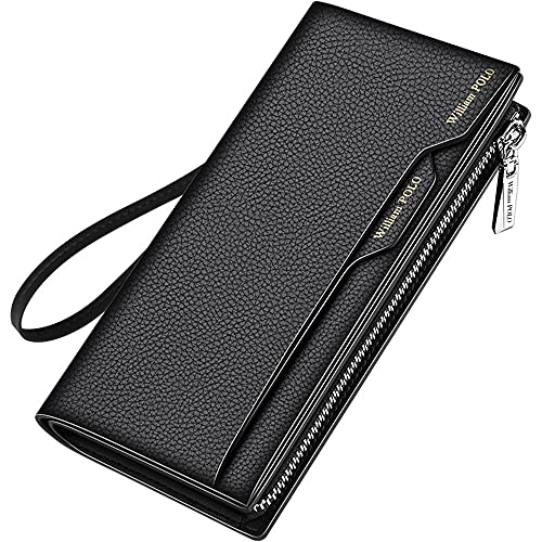 Hombre Vertical Cartera,Cuero Auténtico Antirrobo Cartera De Mano,Cartera Tarjetero 12 Ranuras Bolsos Largo,Cremallera Cartera 1 con Ventana Cartera De Mano-Negro c 19.3x3.8x10.5cm(8x1x4inch)