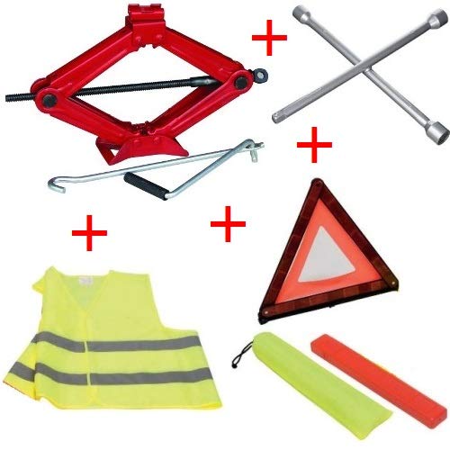 Kit para Opel para Coche de CRIC con pantógrafo + Llave de Cruz para Pernos + triángulo de Emergencia + Chaleco Fluorescente