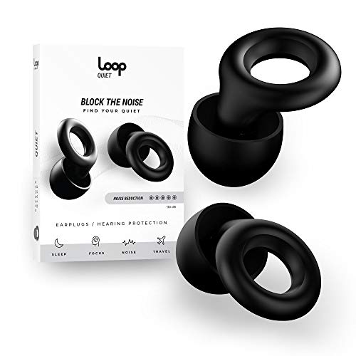 Loop Quiet Tapones Oído Silicona Antiruido – Protección Auditiva de Silicona Suave Reutilizables + 6 Puntas para los Oidos en S/M/L - Redución de Sonido en 25dB - Para Dormir, Estudiar y Ruido - Negro