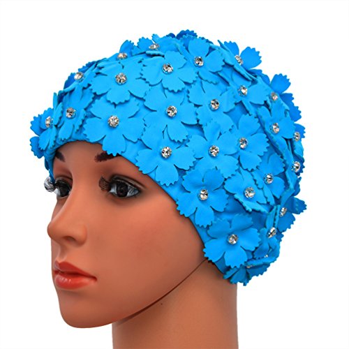 Medifier Manual del Rhinestone Floral pétalos Retro Estilo Gorras Natacion Gorras de baño para Mujer Amarillo Azul Claro