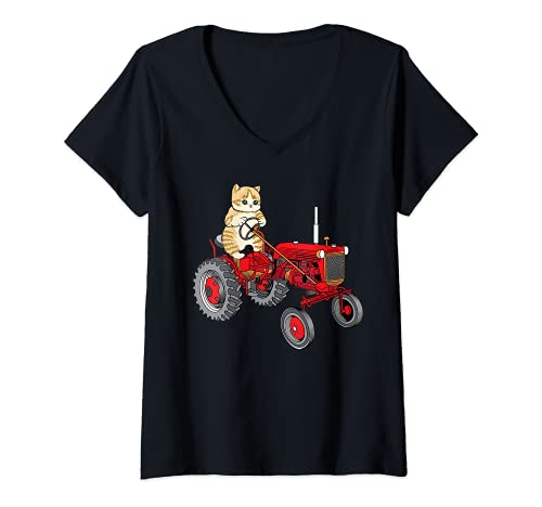 Mujer Cat monta un tractor clásico Camiseta Cuello V