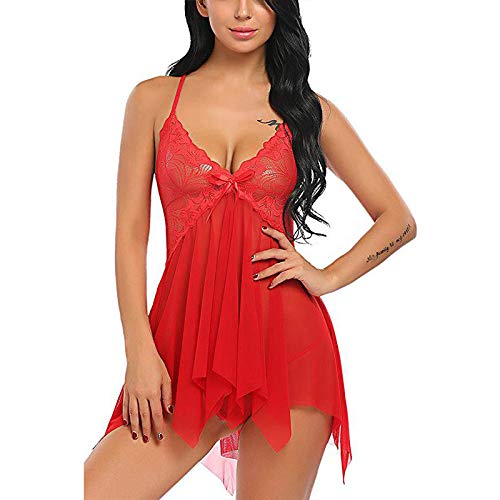 QPYUS Ropa para Mujer Falda De Tirantes Delantera con Cuello En V De Encaje Sexy para Mujer con Dobladillo Irregular Camisón Babydoll-Red_M