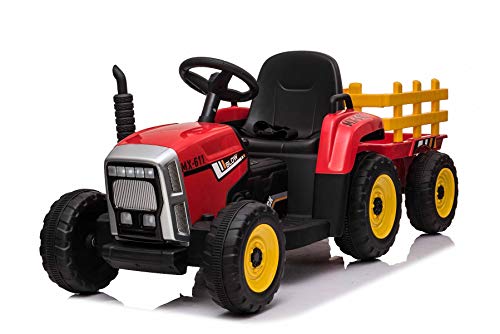 RIRICAR Tractor eléctrico Workers con Remolque, Rojo, tracción Trasera, batería de 12V, Ruedas de Plástico Asiento Ancho de Plástico, Mando a Distancia de 2,4 GHz