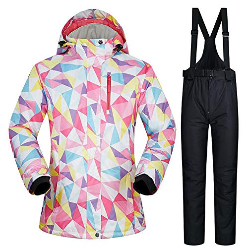 SHANGXIAN Mujer Traje de Esquiar Snowboard Traje de Nieve con Capucha Exteriores Impermeable a Prueba de Viento Impresión Colorida Chaqueta + Pantalones,F,XL