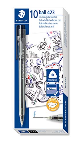 Staedtler Ball 423 F-9 - Bolígrafo triangular ergonómico con punta retráctil, color negro. Caja 10 bolígrafos del mismo color