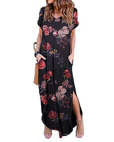 VONDA Vestidos Mujer Casual Playa Cuello en V Bohemio Maxi Vestido con Aberturas Laterales B-Flor roja XXL