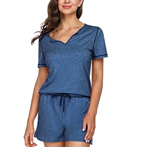 Wayleb Conjunto Chándal de Mujer Sudadera Manga Corta y Pantalones cortos Chándal Completo Trajes 2 Piezas Deporte Ropa Verano Camiseta con Cuello Henley Pijama,azul marino,M