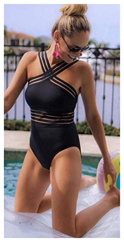 WENYOG Trajes De BañO Mujeres Swimsuits Sexy One Piece Swimwear para Mujer Playa Bebán de Cuello Alto Vendaje Cross Trazo de natación Femenino Trajes De BañO Mujer (Color : Black, Size : L)