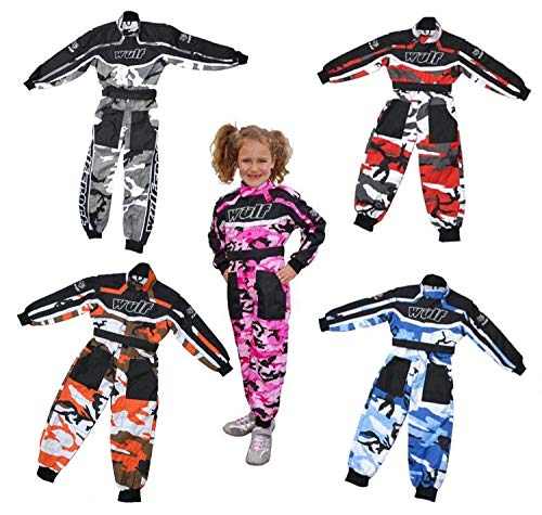 Wulf Wulfsport - Traje de carreras para niños MX Race Overall, moto Cross LT PW GO-KARTING para niños todoterreno, quad, bicicleta de carrera, una sola pieza, trajes de camuflaje y tallas (gris, XS)