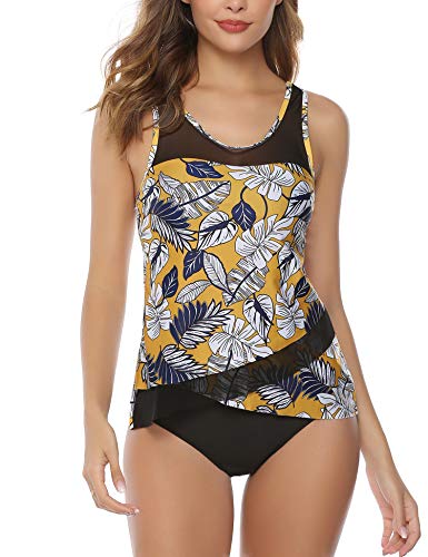 Aibrou Bañador Mujer Blouson Tankini Traje de baño Impreso/Color Sólido Camiseta sin Mangas Top y Pantalones Cortos 2 Piezas Traje de baño Adelgazante Halter Volver Traje, (Amarillo Flora, XL)