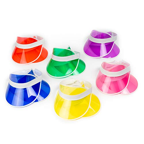 BRAMBLE! 12 Pack Viseras Neon para Mujeres y Hombres, Transparente - Sun Visor Cap, Sombrero de Plástico para Pub Golf Tenis Playa Poker Fiestas de Disfraces, Casino.