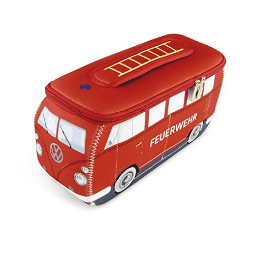 BRISA VW Collection - Volkswagen Furgoneta Hippie Bus T1 Van Bolsa Universal de Neopreno, Neceser, Bolso de Maquillaje-Cosméticos-Aseo, Estuche de lápices, Caja de Almuerzo, Equipaje (Bomberos/Rojo)