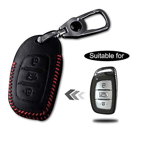 Carcasa Cuero para Llave Hyundai 3 Botón Llave Control Remoto Inteligente línea roja con Llaveros 1 PC Modelo A