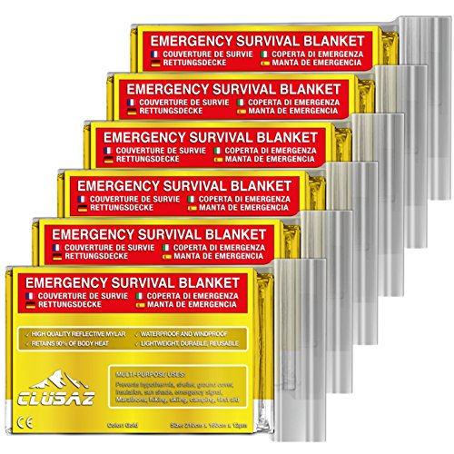 CLUSAZ Manta de Emergencia Oro XL 210x160cm (Paquete de 6) Retiene hasta el 90% del Calor, Impermeable, Esquí, Maratón, Senderismo, Campamento, Primeros Auxilios, Seguridad Vial - GARANTÍA