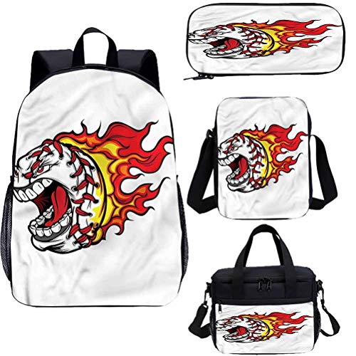 Deportes 15 "Niños Escuela Libros, Flaming Baseball Angry Face 4 en 1 Mochila Conjuntos