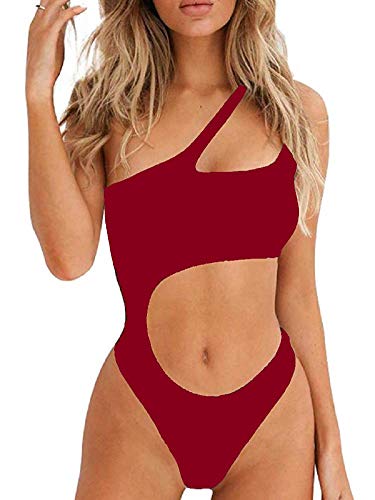 Ducomi Joy Traje de Baño de una Pieza para Mujer - Traje de Baño Completo - Bikini de un Solo Hombro Cut-out, Top Push Up y Brasileño - Ropa de Playa Sexy para Mar y Piscina (Rojo, S)