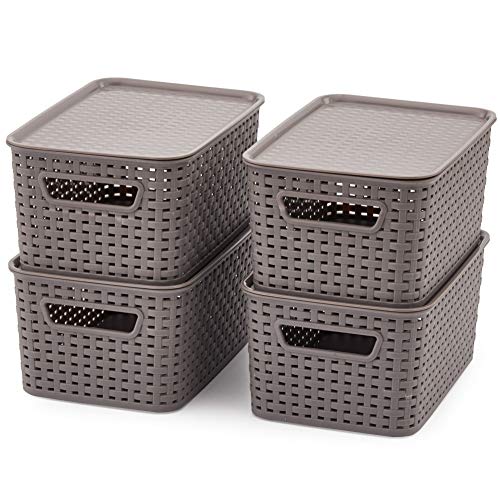 EZOWare 4 pcs Cestas de Almacenaje Multiuso con Tapas, Cajas Organizadoras de Plástico Apilable con Efecto de Mimbre y Asas para Cocina, Baño - Gris