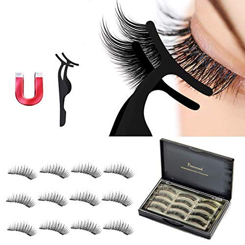 FINEVERNEK Pestañas Magnéticas 3D Reutilizables Pestañas Postizas Naturales Ultra Finas Kit Pestañas Ultraligero y Duradero Largas de Extensión con Pinzas de Acero Inoxidable(12 PCS)