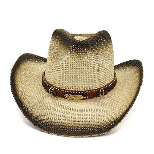 Gorra Sombrero de Paja del Vaquero de los Hombres al Aire Libre Playa del mar Sombrero Visera Hoja Decoración de Metal Elegante Mujer Big Sun Hat (Color : 3, tamaño : 56-58CM)