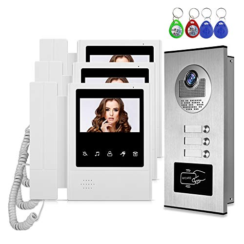 HFeng Kit de Sistema de Intercomunicación con Video de 4.3", timbre de la Cámara de Acceso RFID + 3 Monitores Interiores para 3 Apartamentos/Hogar