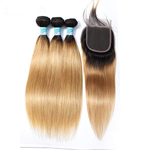 HFRTKLSAW Tejido De Cabello Humano 1B / 27 Ombre, Cabello Humano Liso Vertical, Encaje Cerrado, Extensión De Cabello Humano,4 * 4closure 20inch