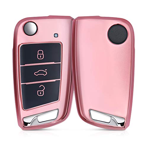 kwmobile Funda para Mando Compatible con VW GTI Skoda RS Llave de Coche Plegable de 3 Botones - Funda TPU Llave con Botones de Llave de Auto - Rosa Oro Brillante