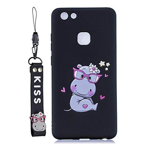 LAXIN Compatible with vivo V7+ / Y79 Case, Soft Silicone Gel Rubber Case Cute Animal Pattern Ultra Thin Slim Bumper Shockproof Protective Cover with Lanyard - Hippo/Black