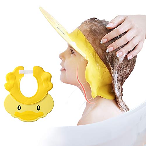 Maydolly Gorro de ducha para niños, champú para lavado de pelo, protector para ojos, visera ajustable para baño de bebé, gorro protector de agua de silicona para niños pequeños lindo pato amarillo